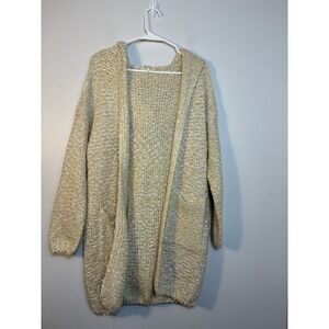 Easel‎ Long Open Cardigan Women's S/M Ivory popcorn Texture Casual Comfort Hood